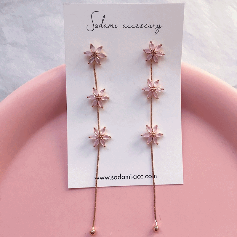 핑크 한방울 꽃 귀걸이 (체인제거가능)